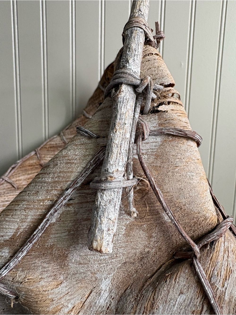 Primitive Palm Husk & Bent Twig Handmade Harvest Basket Rustic Vintage VTG Fiber - Picture 8 of 14